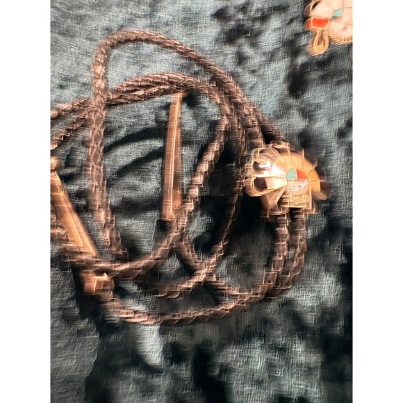 Sterling Silver Zuni Sun Face Native American Turquoise Coral Bolo Tie Slide - Picture 4 of 9